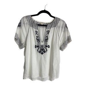 J Crew Womens Shirt Adult Size Medium White Black Embroider Short Sleeve Sheer